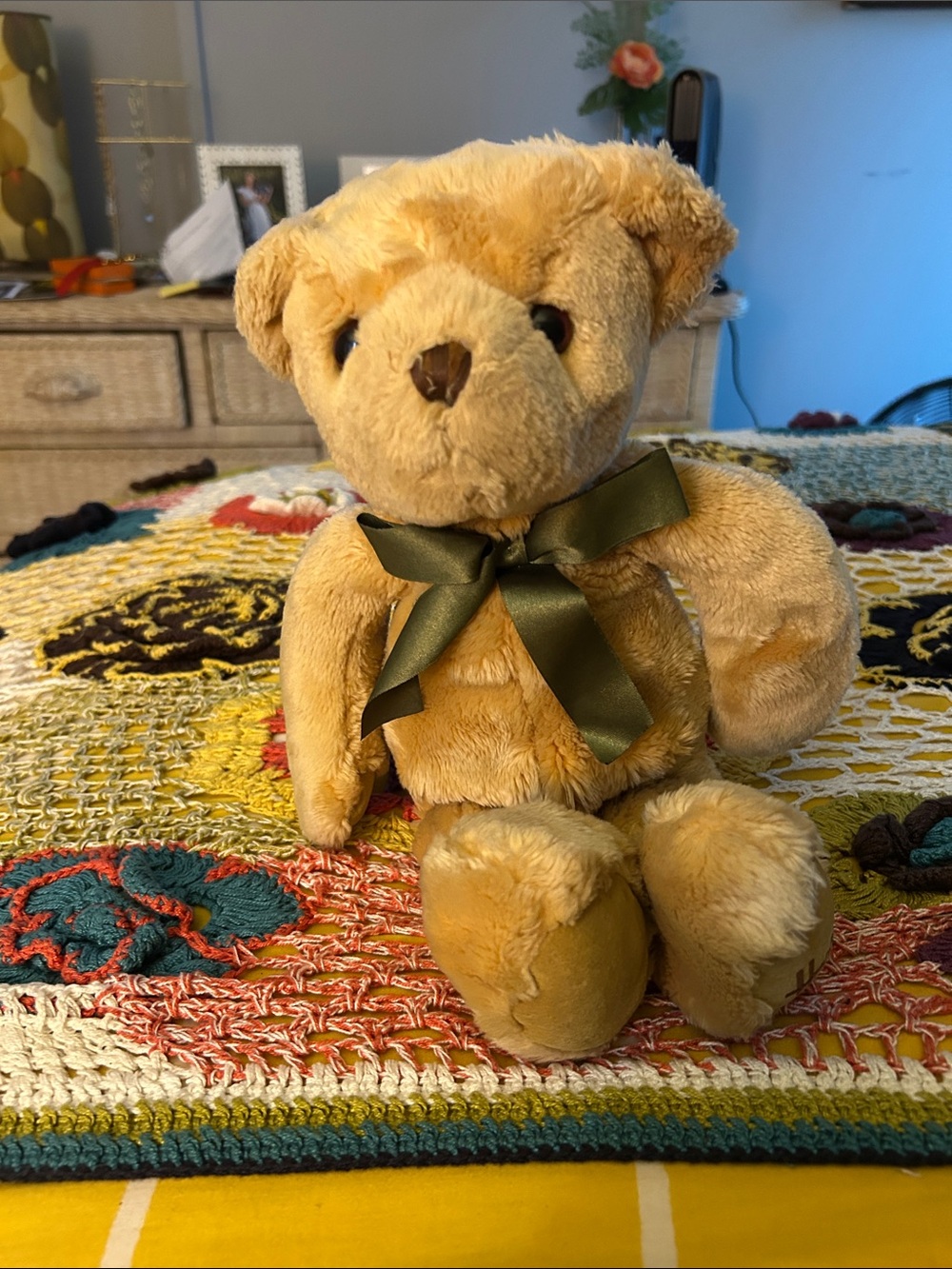 Vintage Plush Teddy Bear with Green RibbonFrom Harrods soft and Cuddly